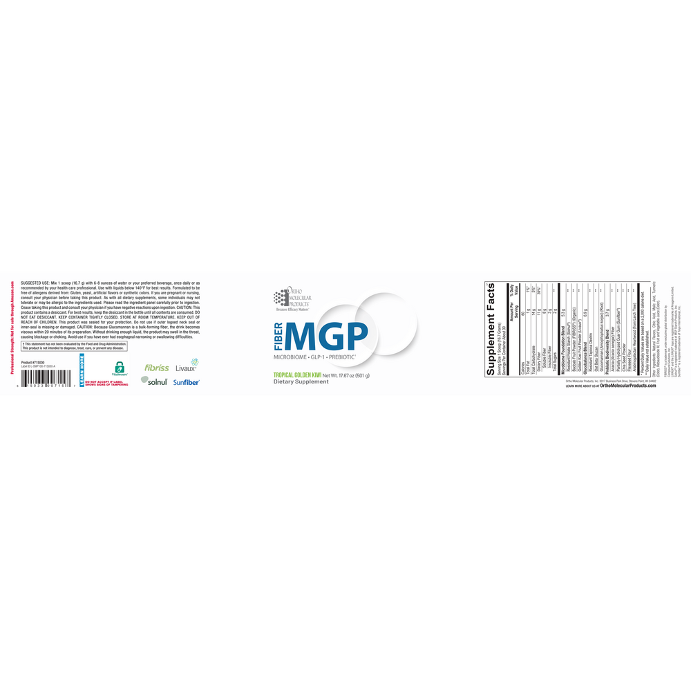 A long, narrow supplement label or packaging panel on a white background, showing the front with a large blue 'MGP' logo and smaller text, plus a Supplement Facts panel on the right and a back panel with text and logos on the left.