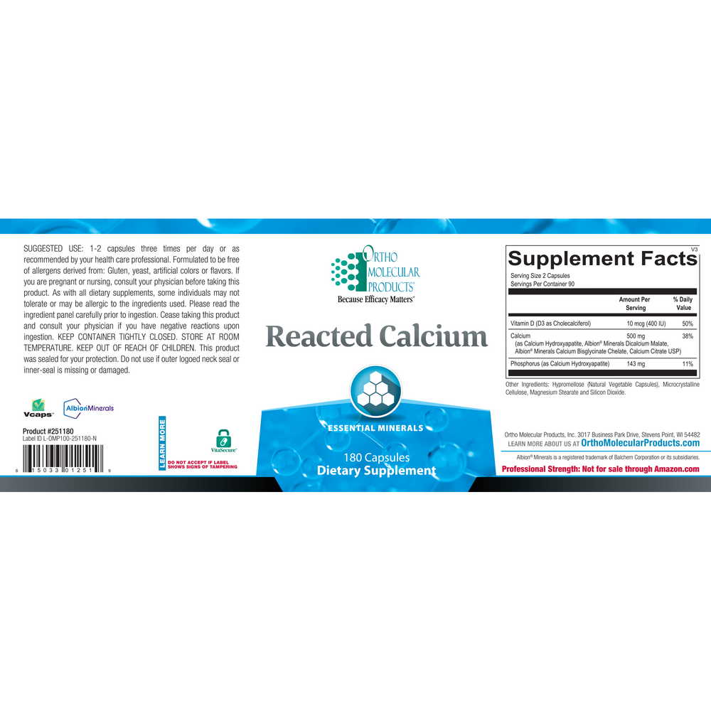 A supplement label for Reacted Calcium by Ortho Molecular Products, showing the front and back of the packaging with product details, supplement facts, and a barcode on a white background.
