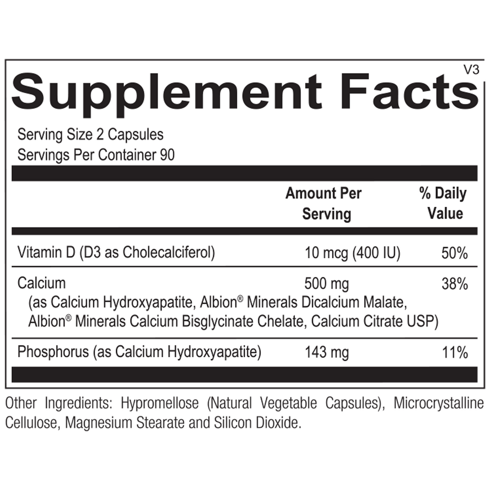A Supplement Facts label showing nutrition information for a vitamin supplement, including Vitamin D, Calcium, and Phosphorus amounts and daily value percentages.