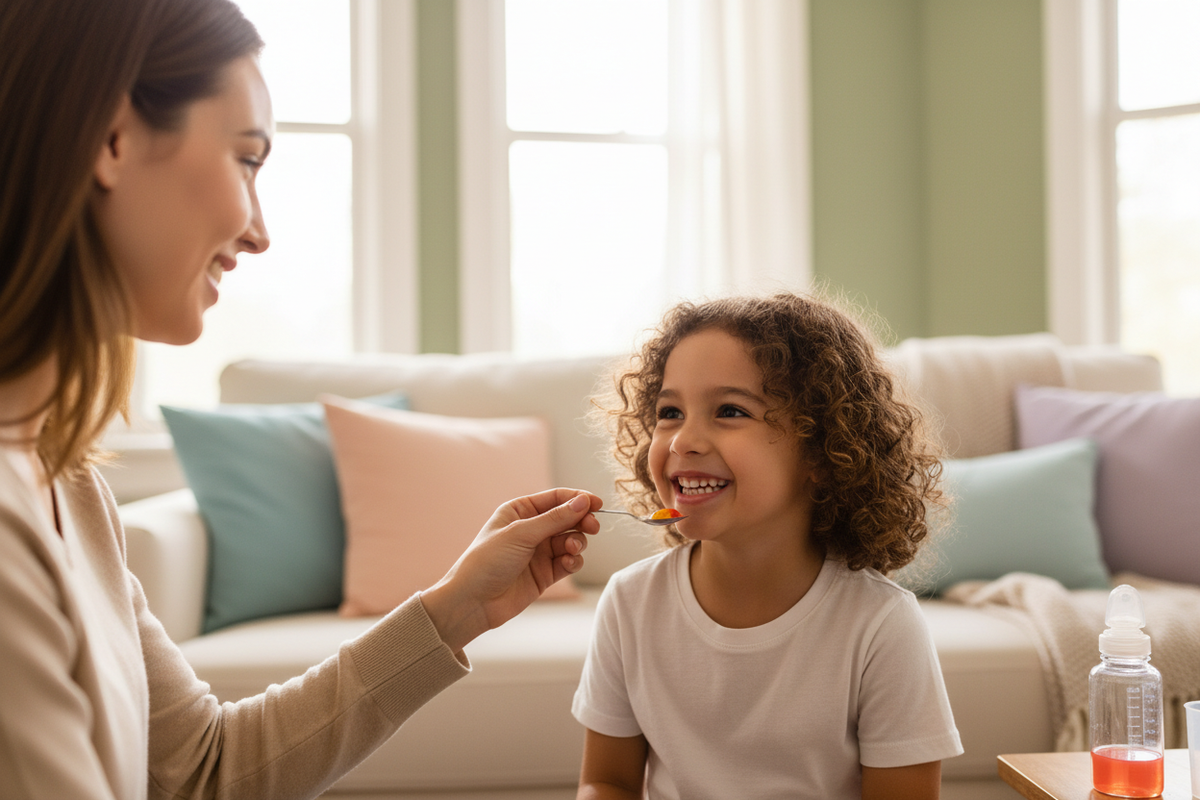 Happy child smiling while taking colorful flavored medication from parent's hand in warm home setting