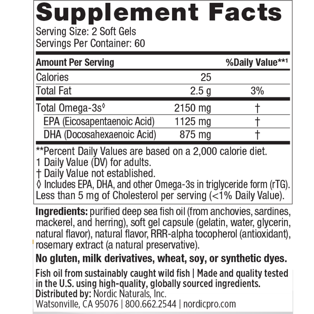 A professional-grade bottle of Nordic Naturals ProOmega 2000, a high-intensity Omega-3 fish oil supplement. The white bottle features a blue and silver label highlighting 2000 mg of EPA and DHA per serving. Available at Mixwell Compounding Pharmacy in Chino, CA.