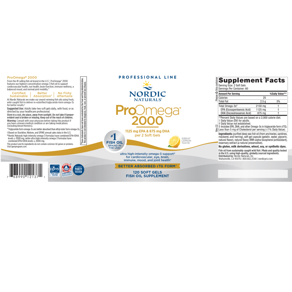 A professional-grade bottle of Nordic Naturals ProOmega 2000, a high-intensity Omega-3 fish oil supplement. The white bottle features a blue and silver label highlighting 2000 mg of EPA and DHA per serving. Available at Mixwell Compounding Pharmacy in Chino, CA.
