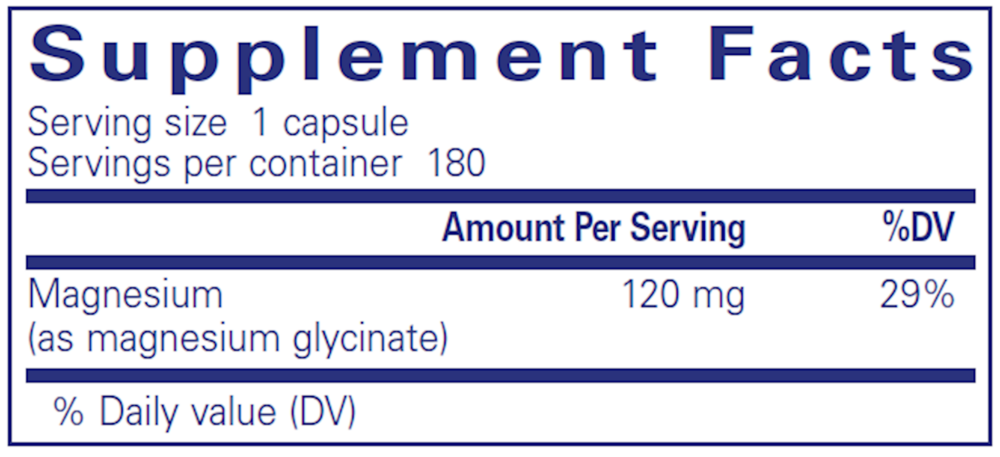 Supplement facts label for magnesium supplement with serving size and container details.