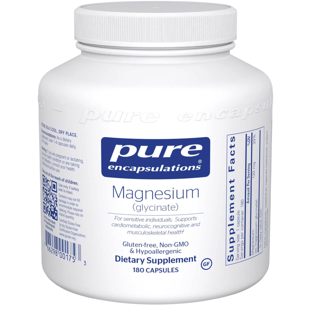 White supplement bottle labeled 'pure encapsulations' with magnesium supplement facts on a white background