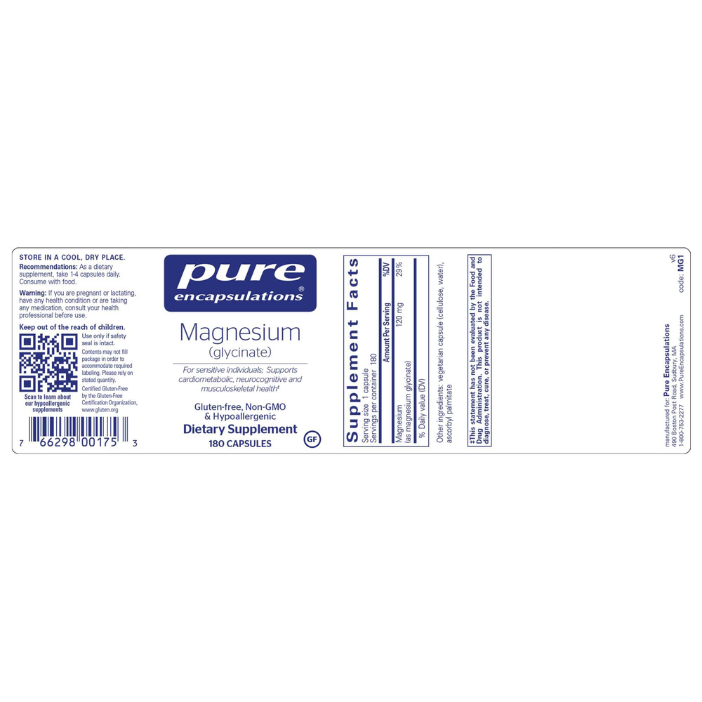 Pure Encapsulations Magnesium (glycinate) 180 capsules dietary supplement label, showing product details, supplement facts, and a barcode on a white background.