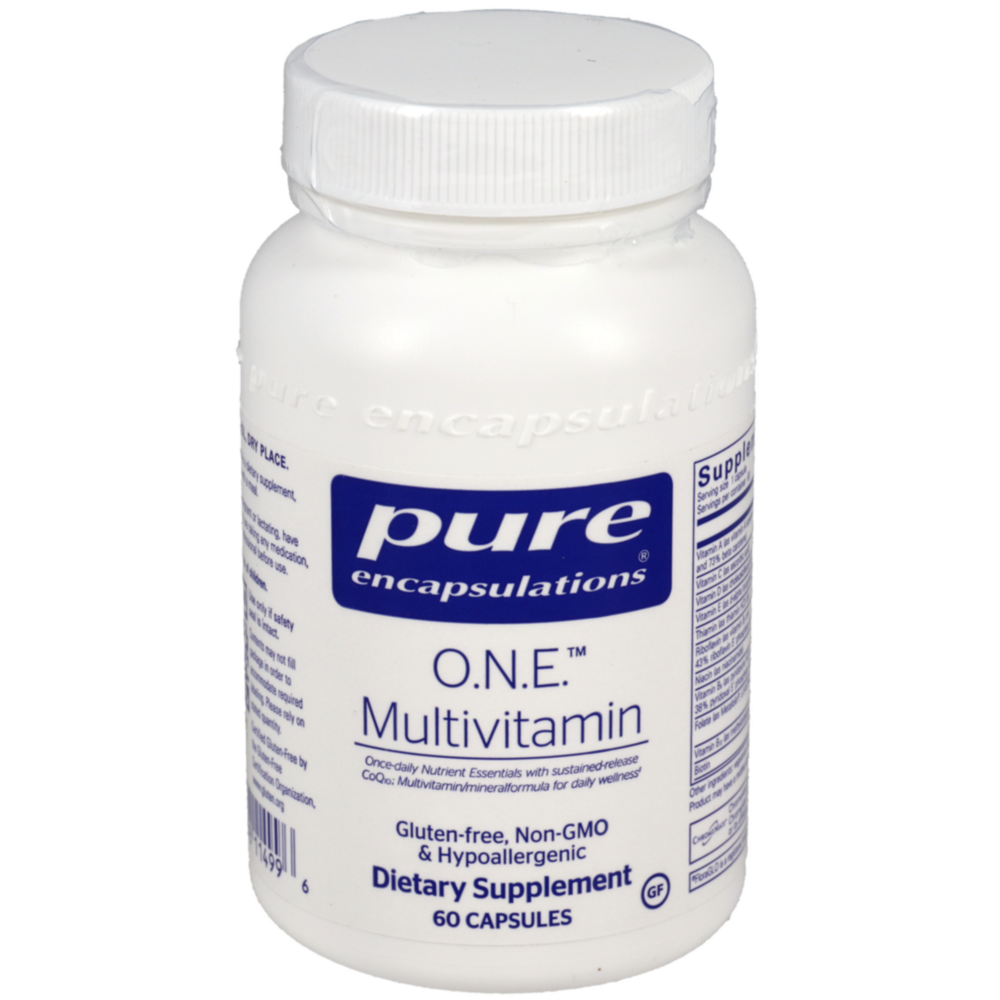Front view of Pure Encapsulations O.N.E. Multivitamin 60 capsules bottle, a hypoallergenic daily vitamin with Metafolin L-5-MTHF.