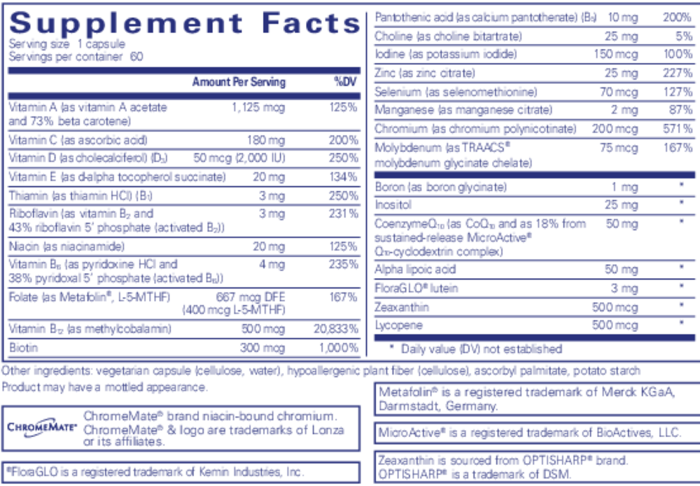 Supplement facts label for Pure Encapsulations O.N.E. Multivitamin featuring CoQ10, Vitamin D3, and sustained-release water-soluble nutrients.