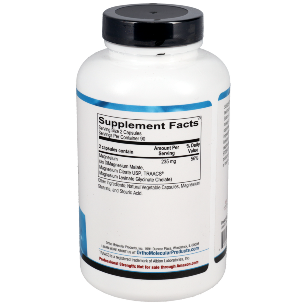 Front label of Ortho Molecular Reacted Magnesium 180 count bottle showing the Albion Minerals logo for superior absorption.