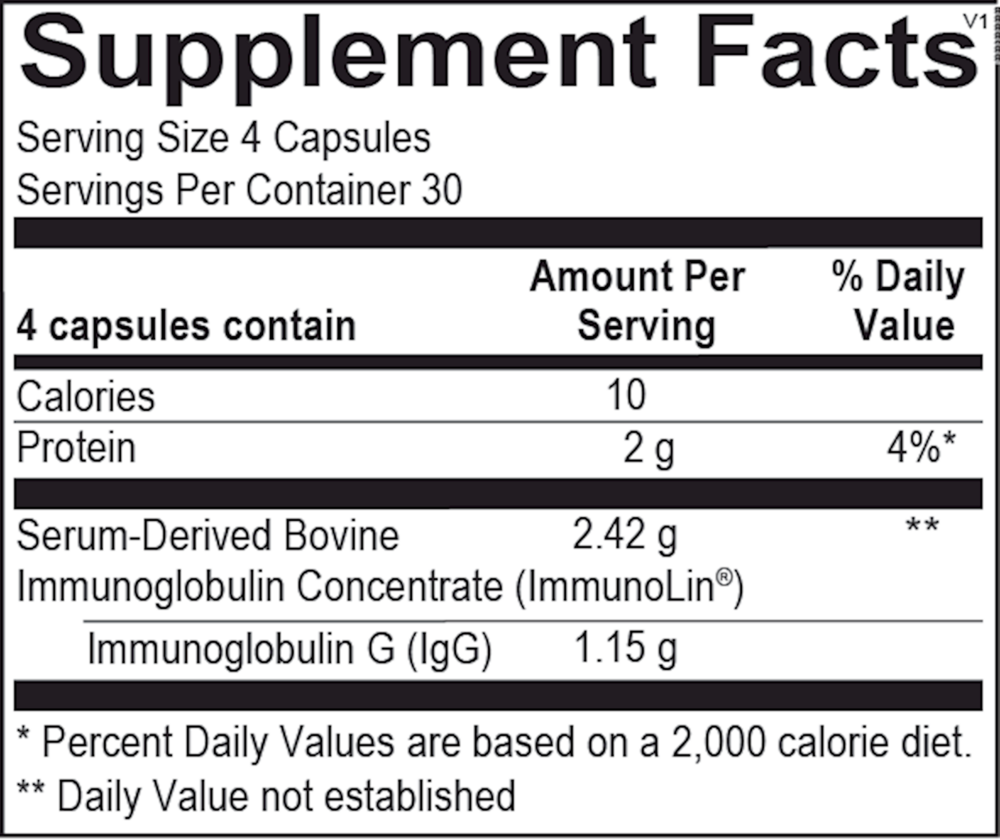 SBI Protect supplement facts: Purified IgG concentrate for gut lining integrity and immune function - Ortho Molecular Products.