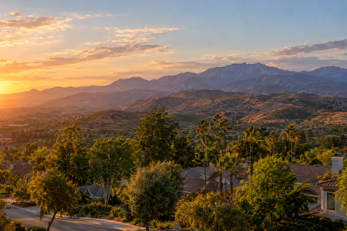 Tree-lined neighborhood and sunlit foothills near Corona, California