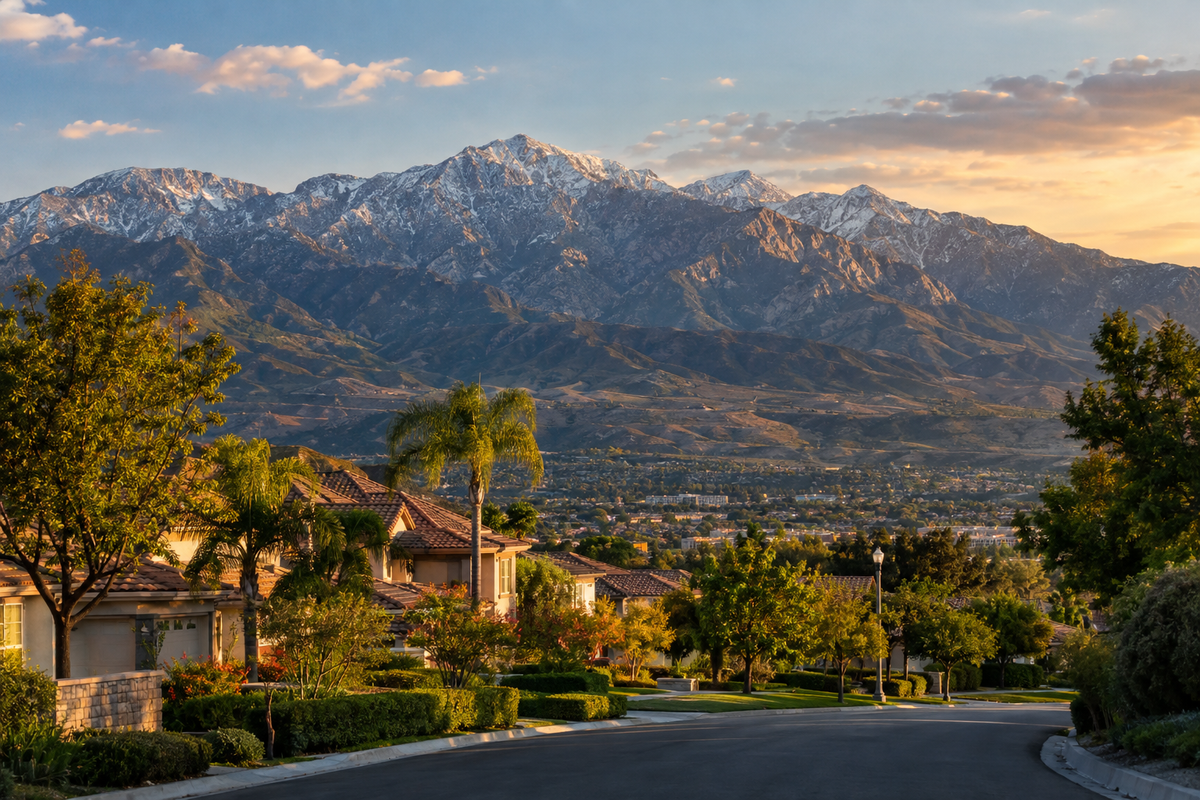 Sunlit foothills and mountain scenery near Rancho Cucamonga, California.