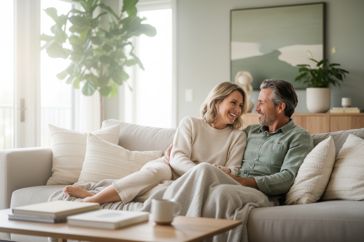 Soft-focus lifestyle photograph of a happy, intimate couple in their 40s-50s, relaxed and content in a modern, warm home setting. Natural window lighting, sage green and cream color palette in background decor. Professional wellness photography, discreet and tasteful aesthetic. Warm, trustworthy atmosphere. --ar 21:9 --style professional