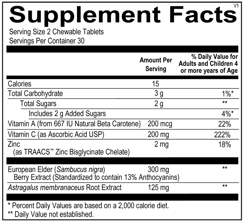 Springboard Supplements for Growing Bodies ViraKid bottle, 60 chewable tablets children's dietary supplement for seasonal immune support. facts