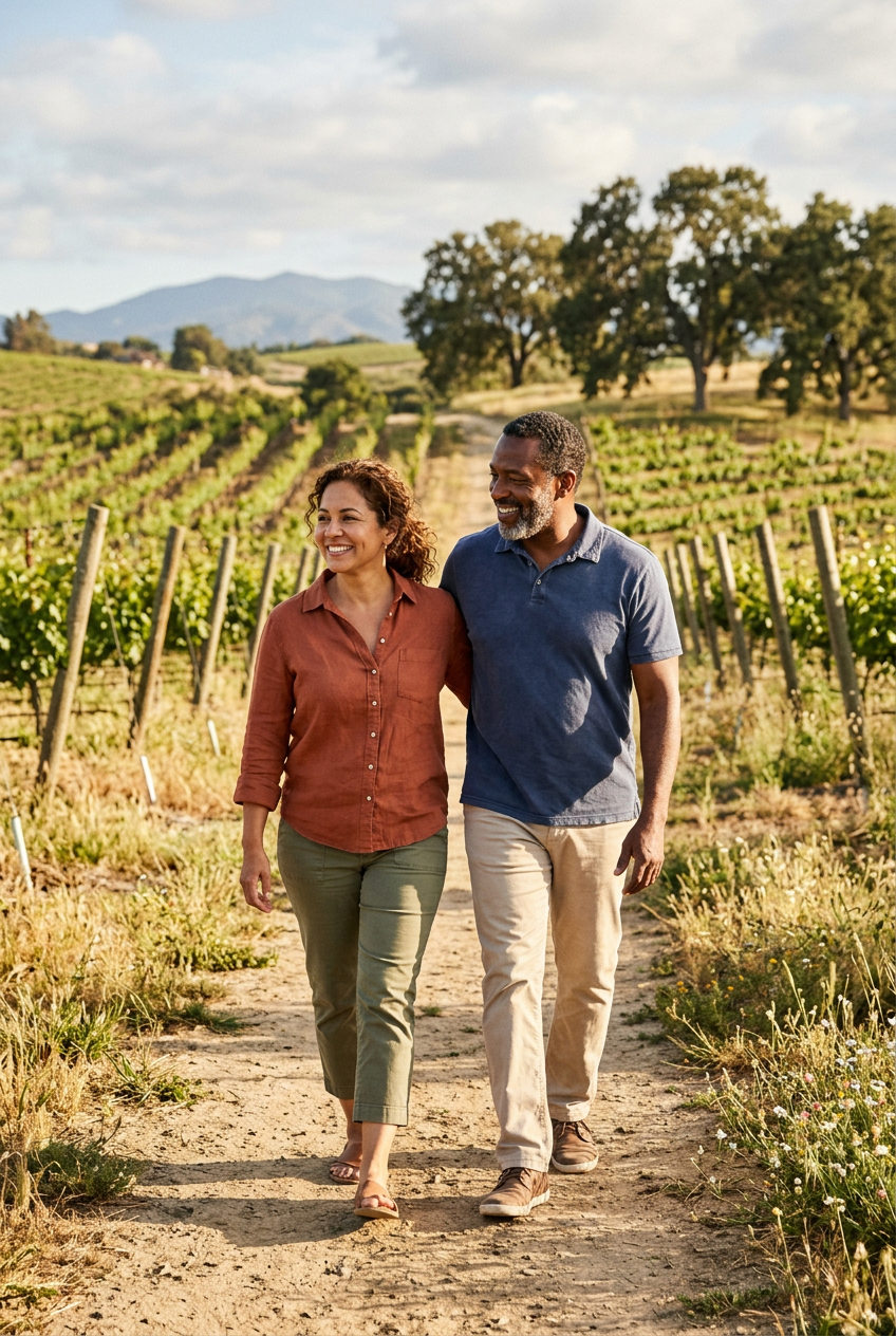 Smiling couple walking along a sunlit vineyard path, with rolling hills and oak trees in the background.