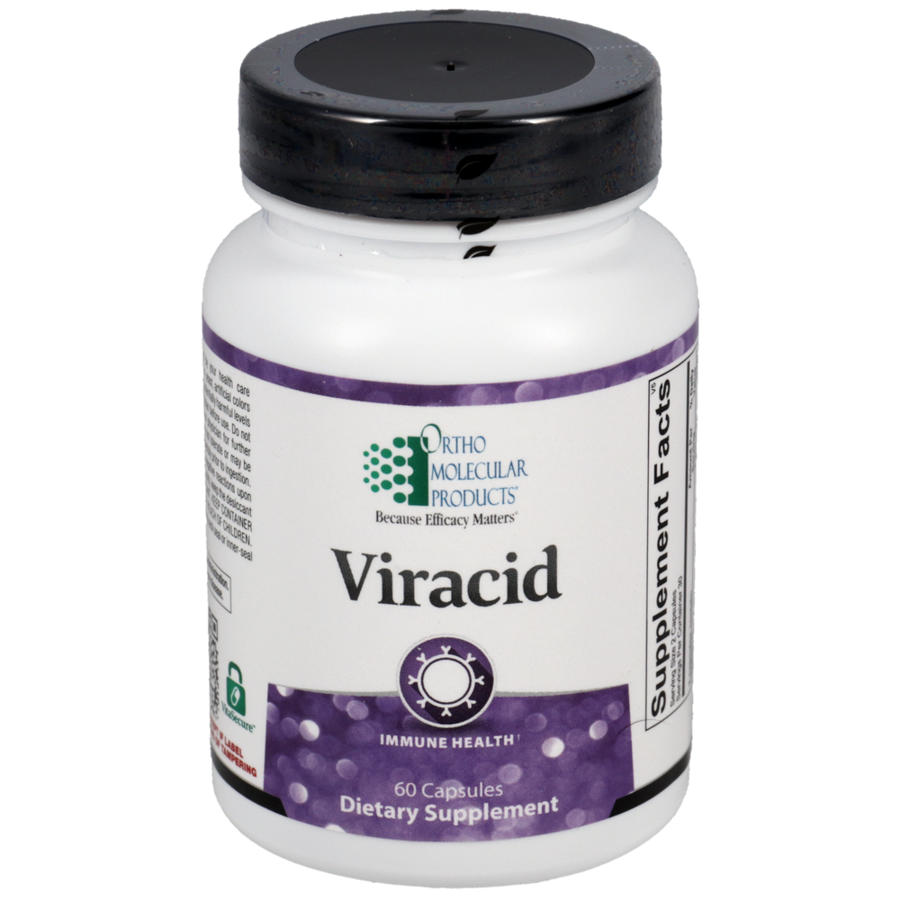 Supplement bottle labeled 'Viracid' with a purple label on a white background
