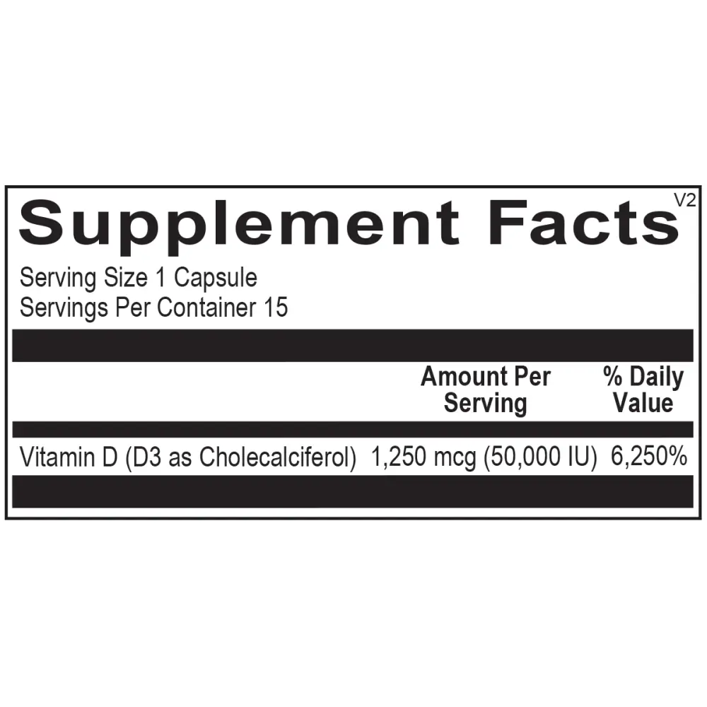 Supplement facts label for Ortho Molecular Vitamin D3 50,000 IU showing cholecalciferol content and clinical-grade ingredients.