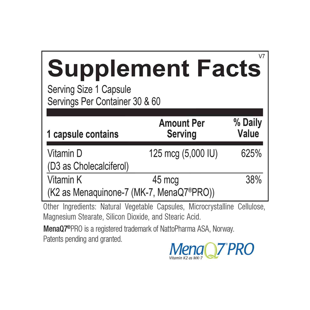 Supplement facts label for a vitamin D and K2 supplement with MenaQ7 Pro branding.