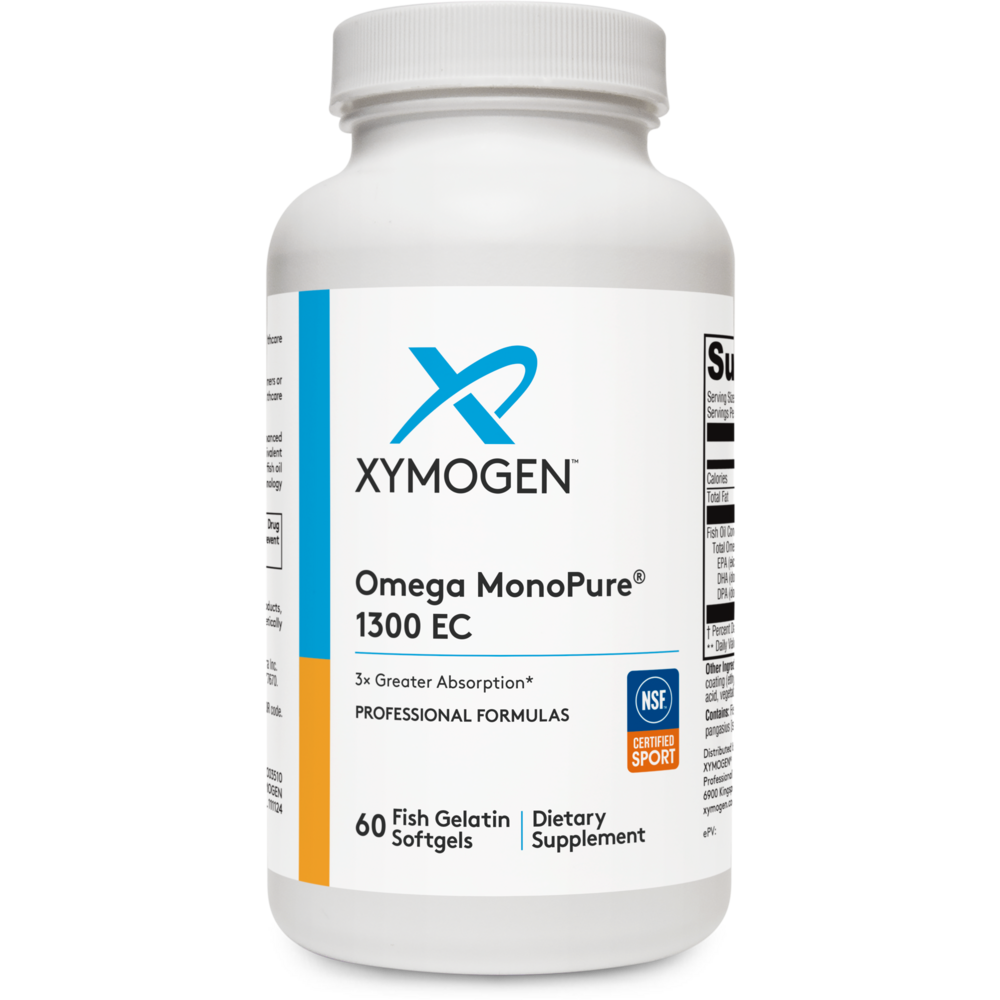 Xymogen Omega MonoPure 1300 EC dietary supplement bottle on a white background