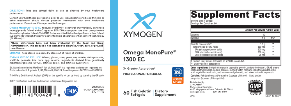 Front and back labels of Xymogen Omega MonoPure 1300 EC dietary supplement, showing supplement facts, ingredients, and barcodes on a white background.